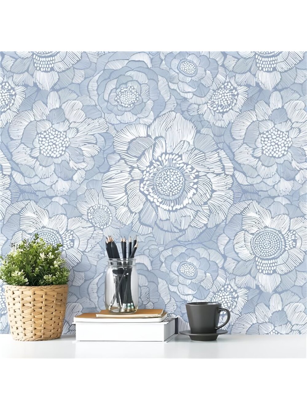 Peel and Stick Wallpaper Blue Floral Wall Paper Self Adhesive